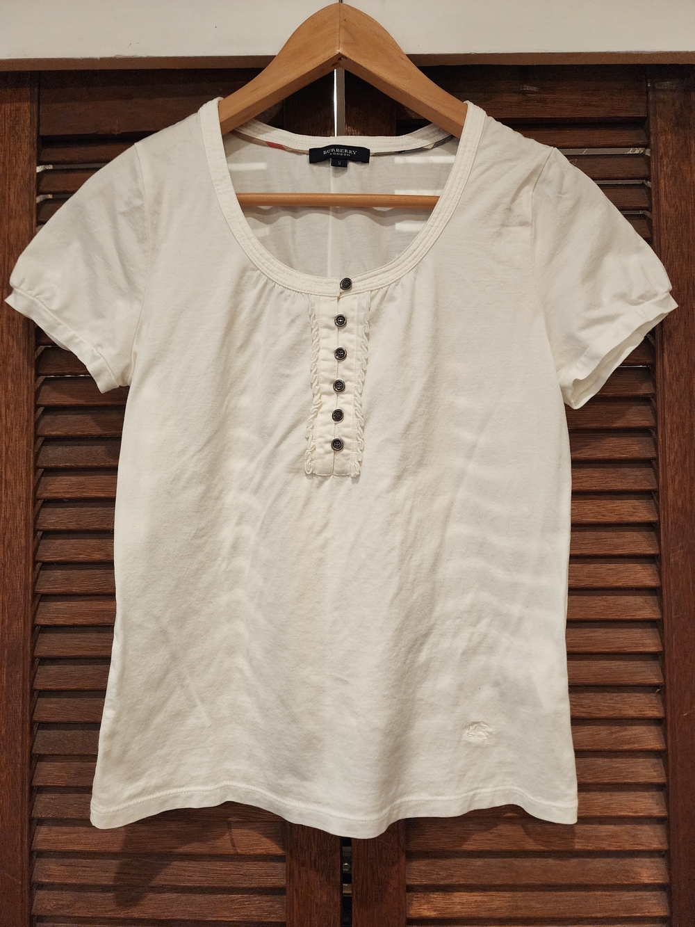 Burberry White Short Sleeve Henley Top with Button Placket XS